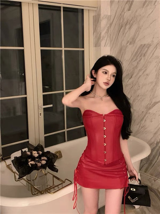 红色束腰皮裙套装♥️pu corset